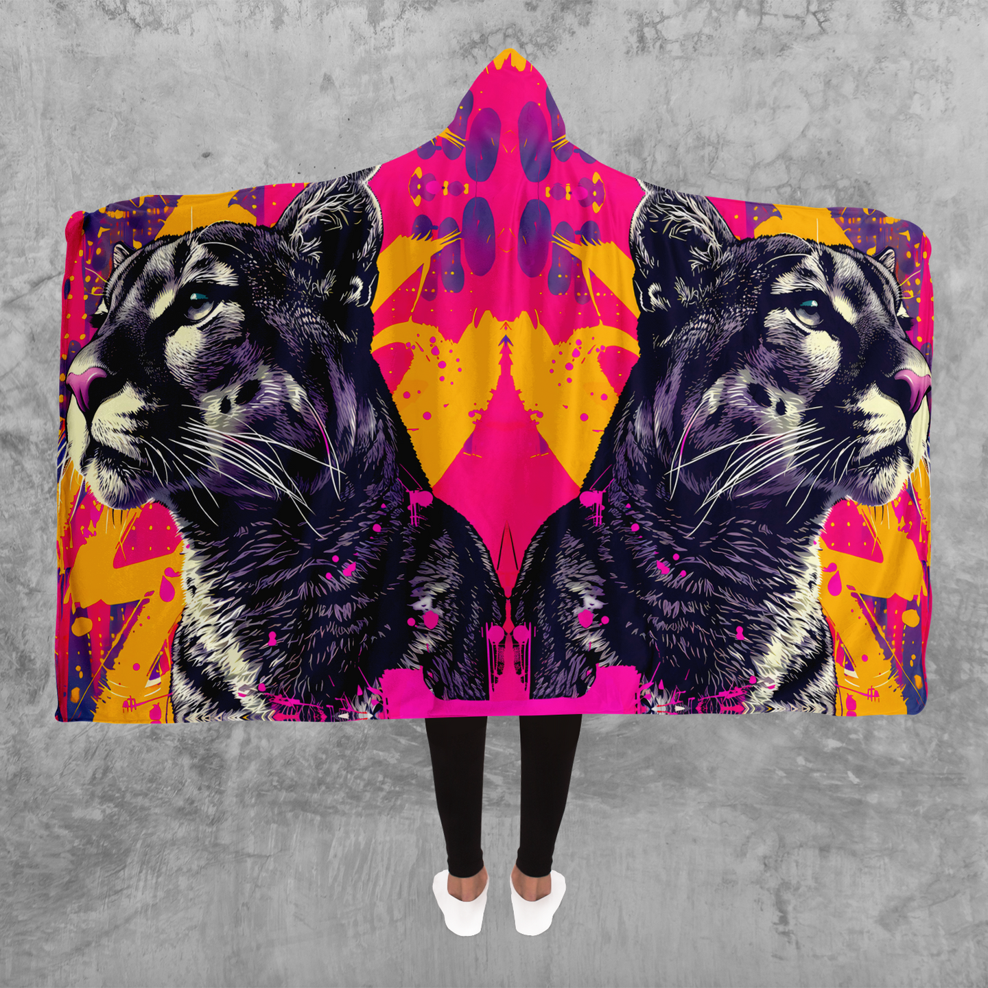 Realistic Puma hooded blanket. Colorful pink, yellow and purple background. Artsy, Urban style.